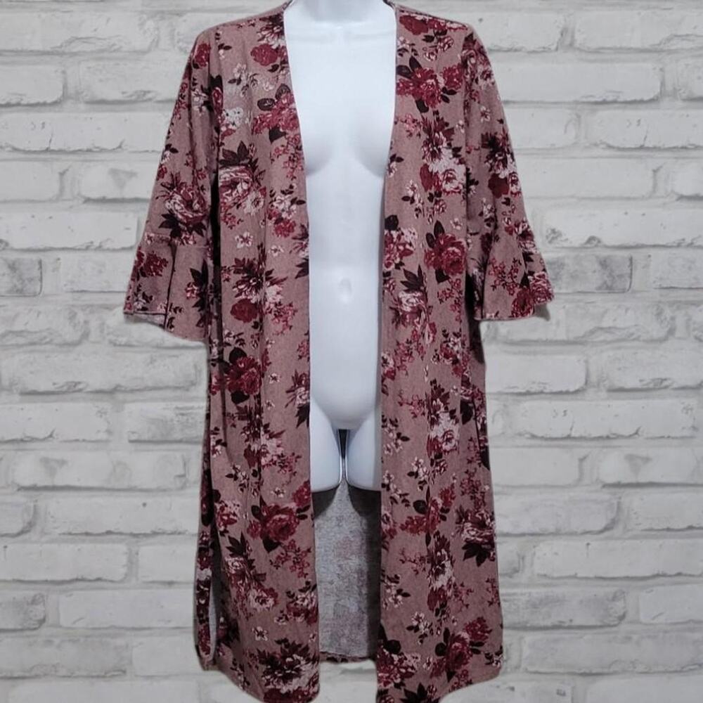 Almost Famous Long Open Front Cardigan w/ Floral Print Women Medium Pink Maroon